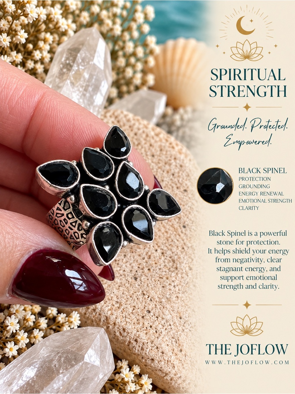 925 Spiritual Strength Black Spinel Art Deco Ring 10.75 - 11